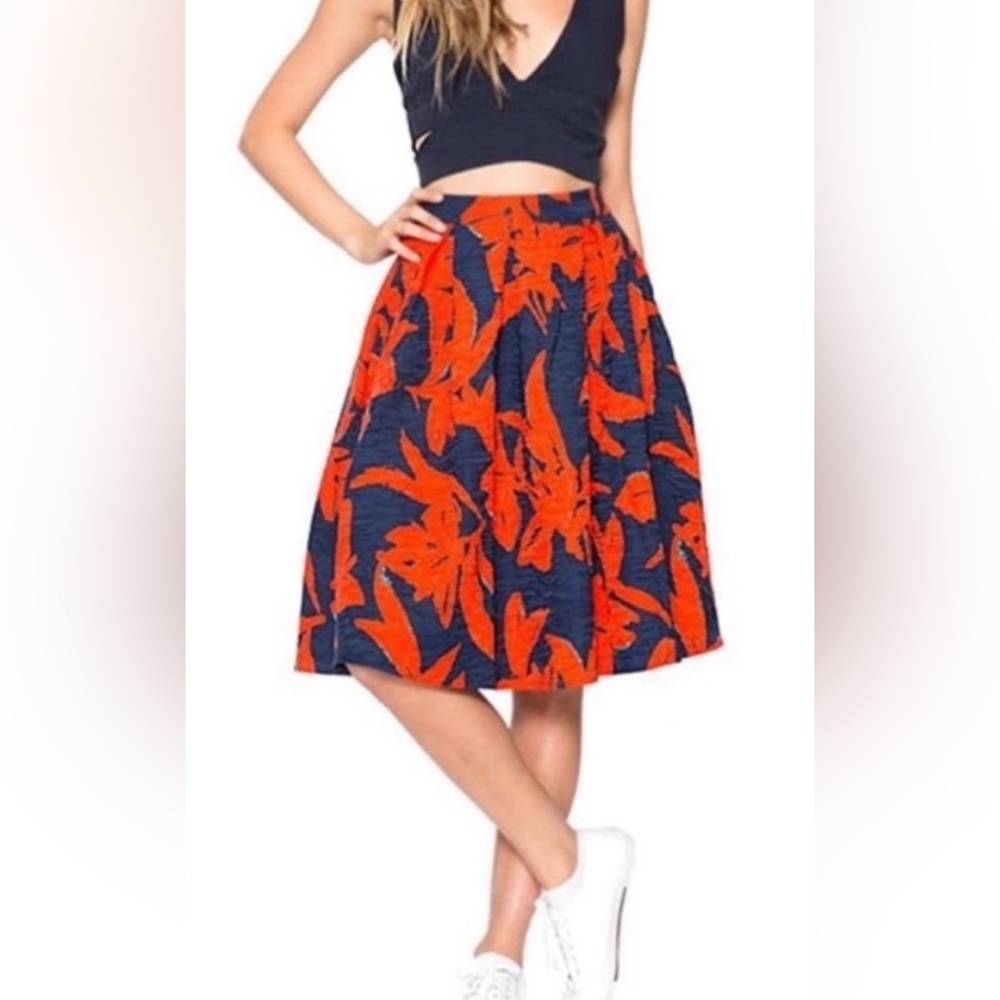 Lucy Paris Floral A-Line Skirt in Vibrant Orange and Deep Navy